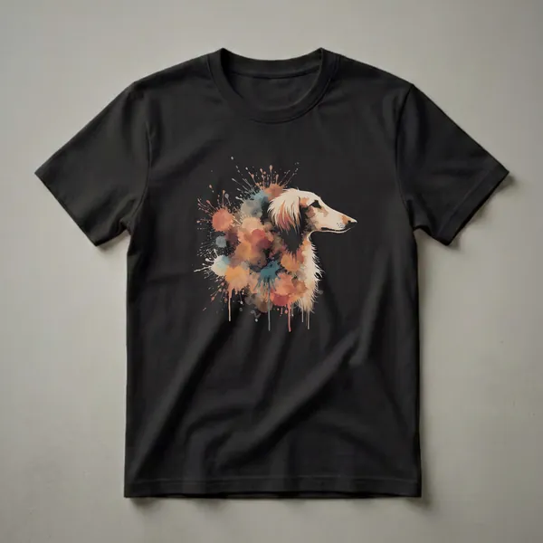 Black t-shirt with an artistic watercolor splatter design of a Saluki dog's head in shades of brown, rust, teal, and cream.