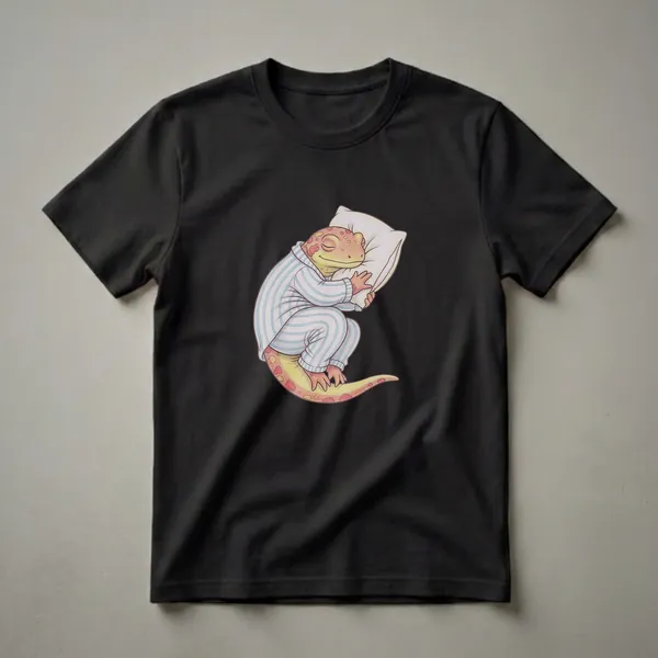 A drawing of a salamander wearing blue and white striped pajamas, curled up asleep on a white pillow, on a black background.