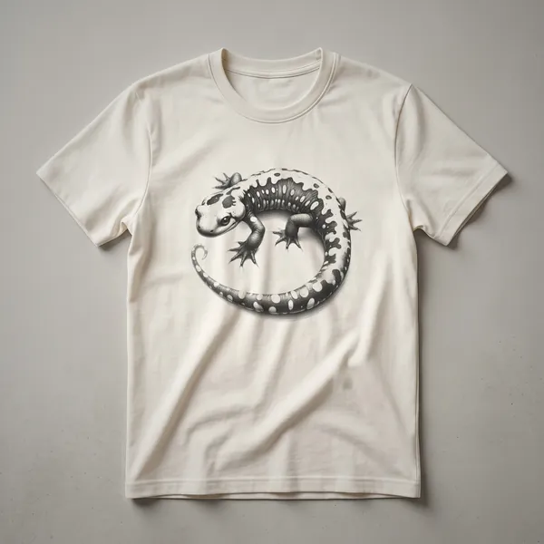 A black and white line drawing of a spotted salamander curled into a circle, depicted on a dark t-shirt.