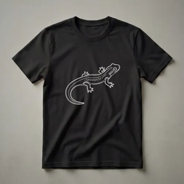 Black t-shirt with a white line art drawing of a salamander, featuring its body, tail, and limbs.