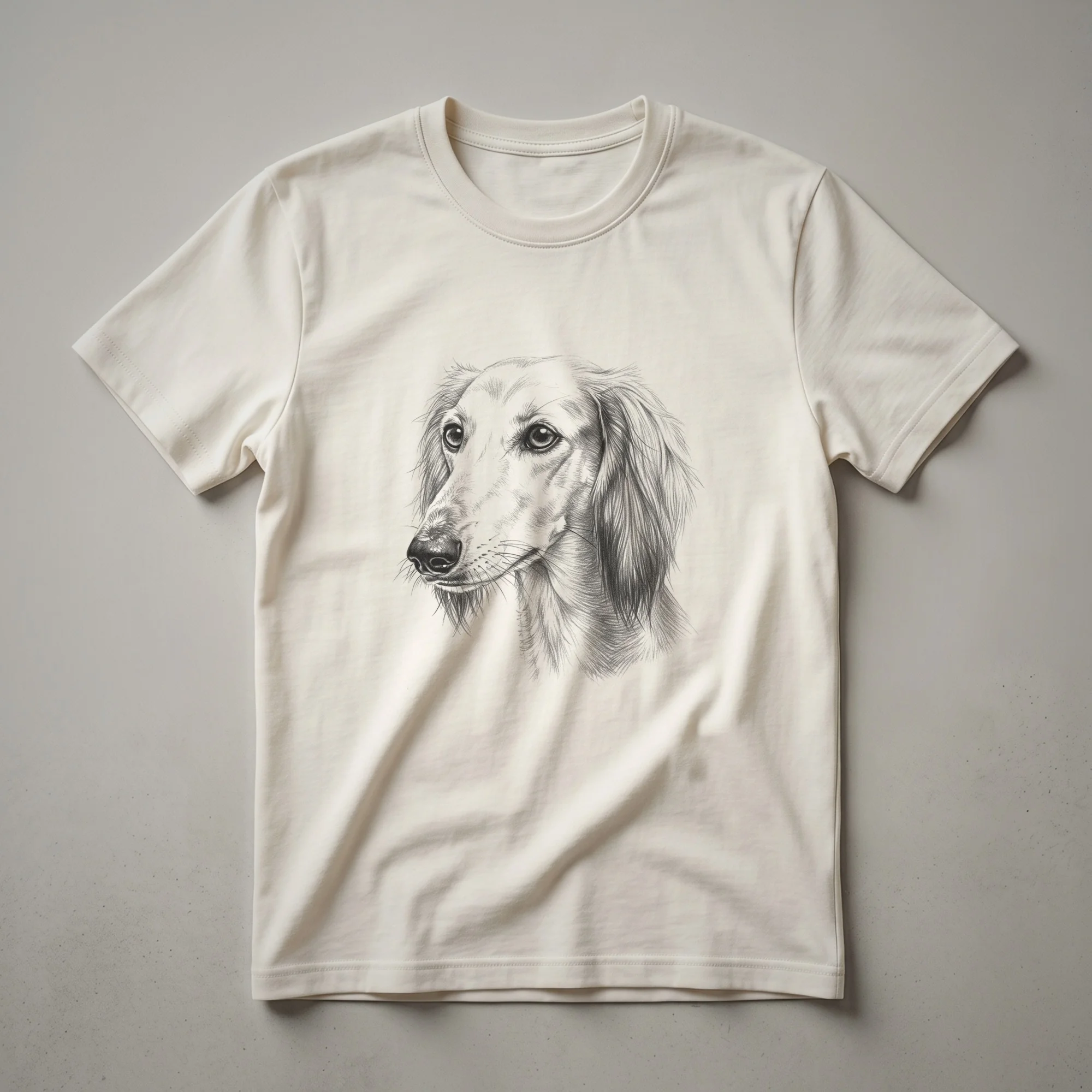 Black t-shirt with a white line drawing of a Saluki dog's face in profile, showcasing its long snout and flowing ears.