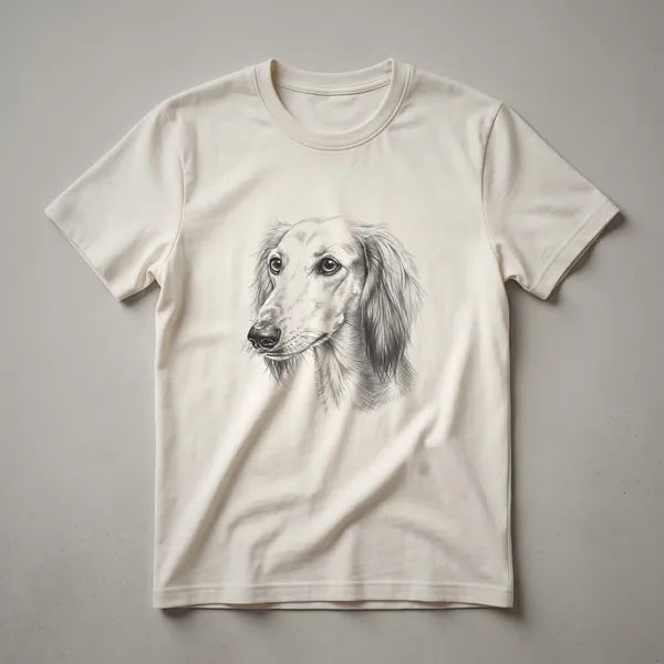 Black t-shirt with a white line drawing of a Saluki dog's face in profile, showcasing its long snout and flowing ears.