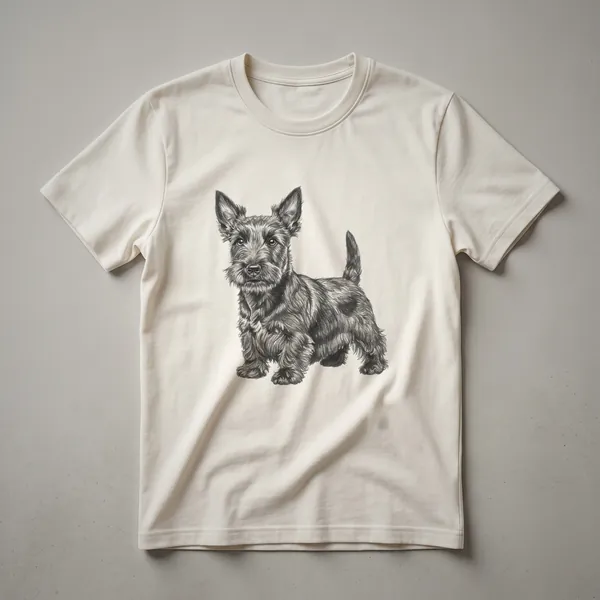 A black and white line drawing of a Scottish Terrier dog standing, showcasing its textured fur and alert ears, printed on a t-shirt.