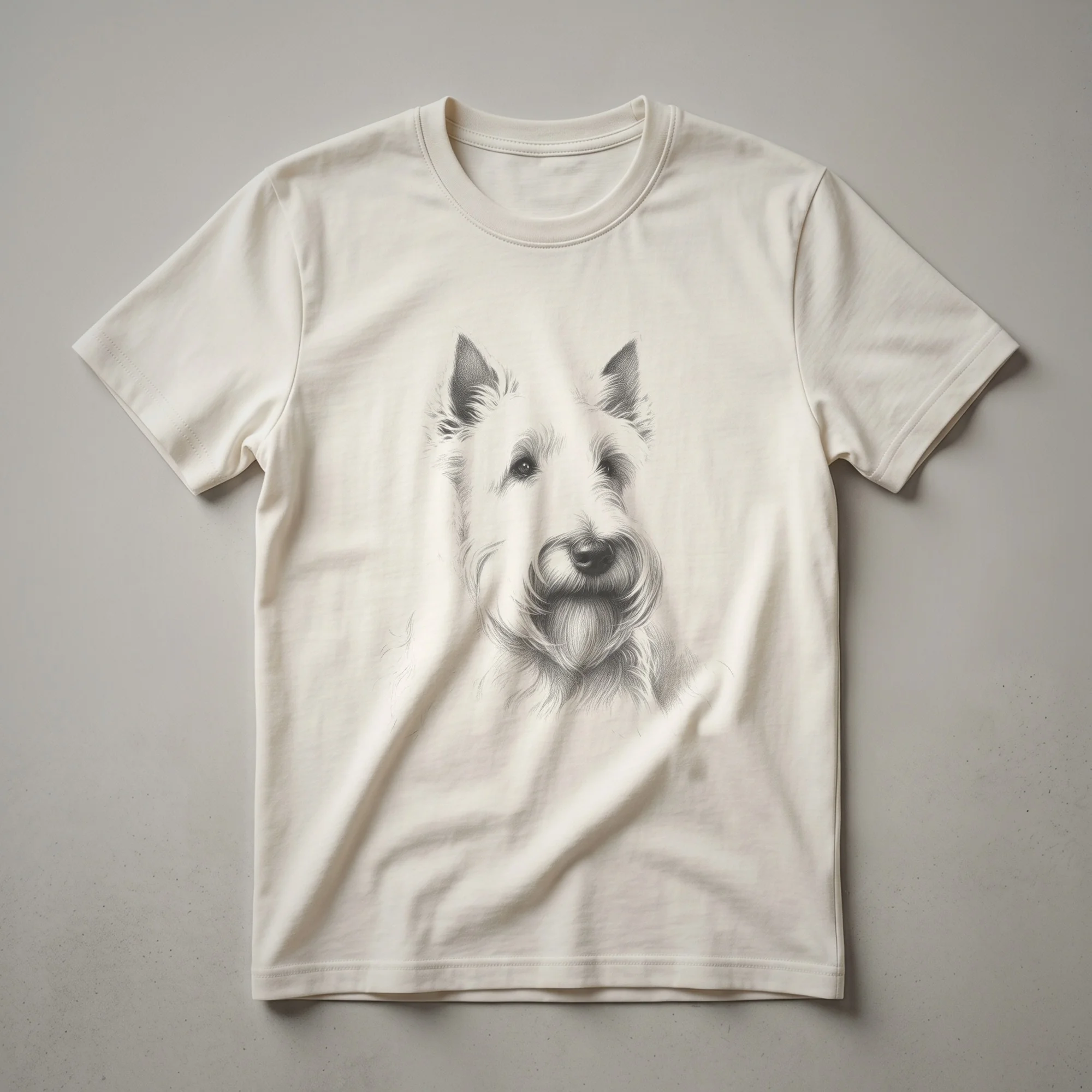 Black t-shirt with a vintage line drawing of a Scottish Terrier's head in white detail, showcasing its fur texture and alert eyes.