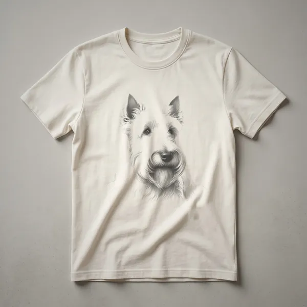 Black t-shirt with a vintage line drawing of a Scottish Terrier's head in white detail, showcasing its fur texture and alert eyes.
