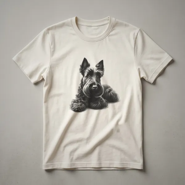 A black t-shirt featuring a vintage sketch art design of a Scottish Terrier dog lying down, rendered in fine lines.