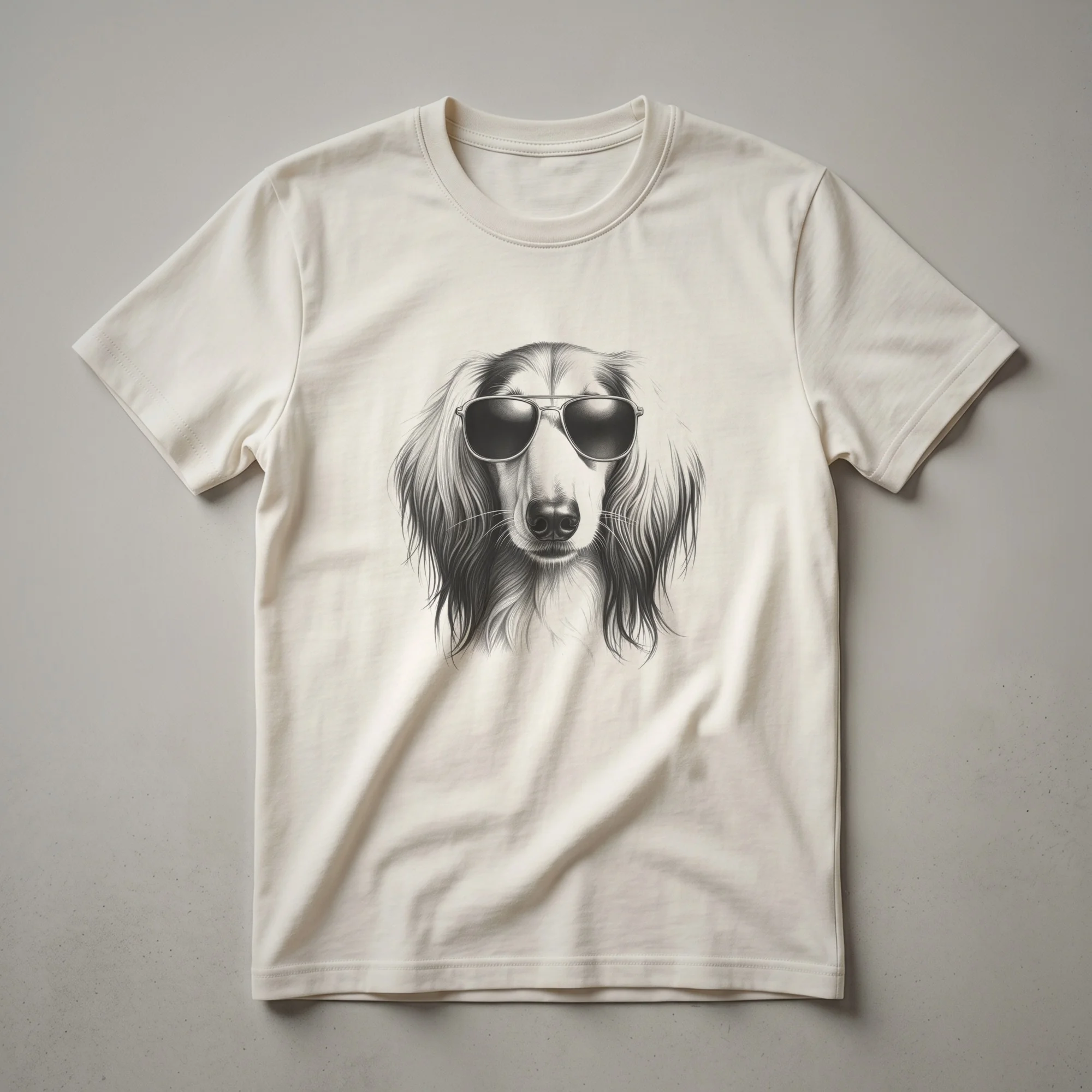 Black graphic t-shirt featuring a white line drawing of a Saluki dog's head wearing dark aviator sunglasses, with flowing fur details.