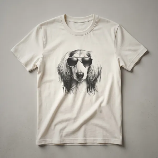 Black graphic t-shirt featuring a white line drawing of a Saluki dog's head wearing dark aviator sunglasses, with flowing fur details.