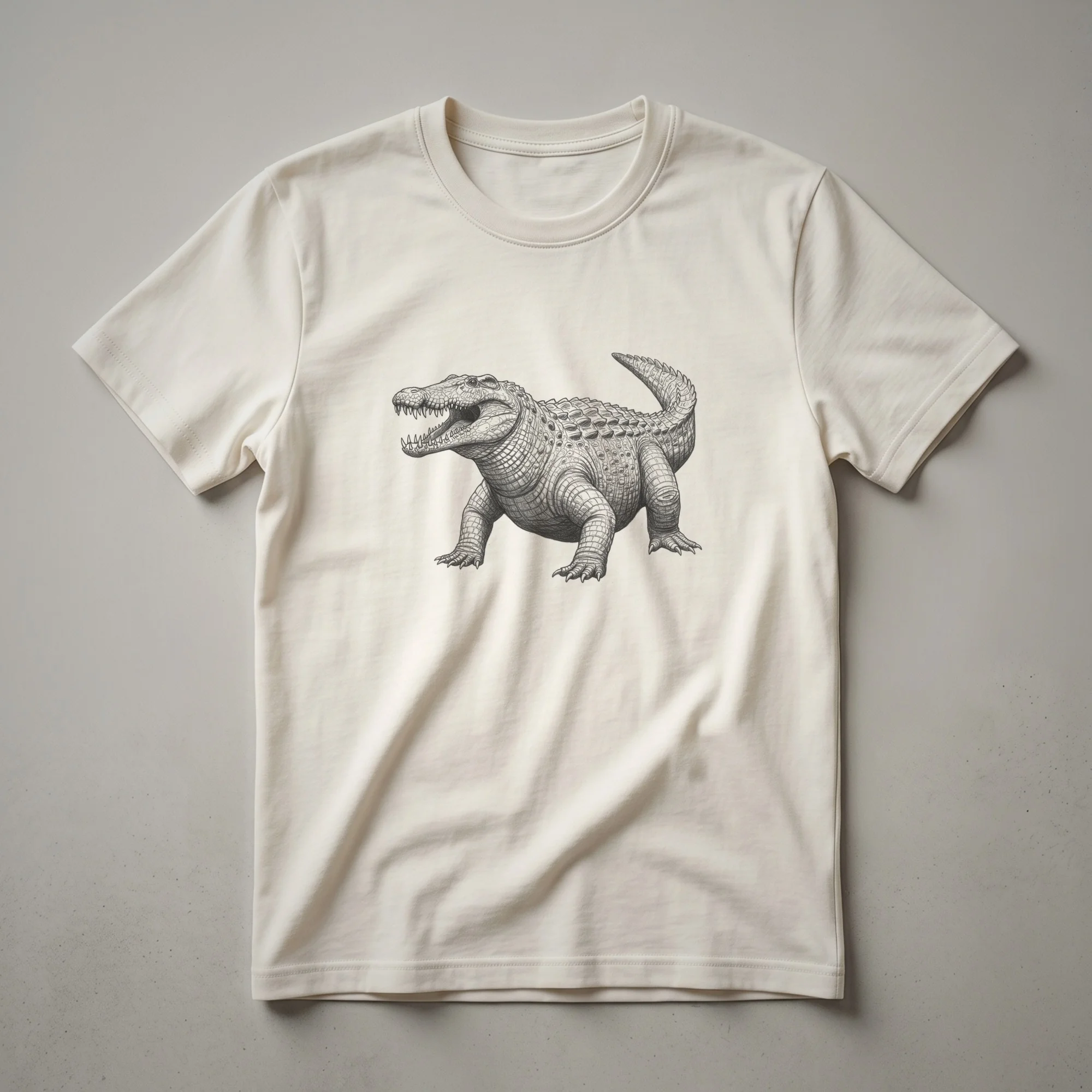 Black line drawing of a Sarcosuchus, a large prehistoric crocodile, on a dark background, showcasing its detailed scales and teeth.