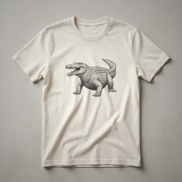 Black line drawing of a Sarcosuchus, a large prehistoric crocodile, on a dark background, showcasing its detailed scales and teeth.