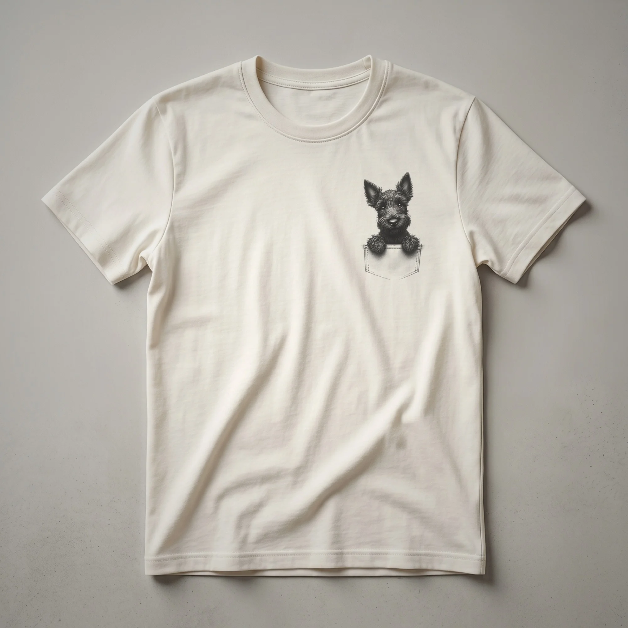 Black line drawing of a Scottish Terrier dog peeking out of a pocket on a t-shirt.