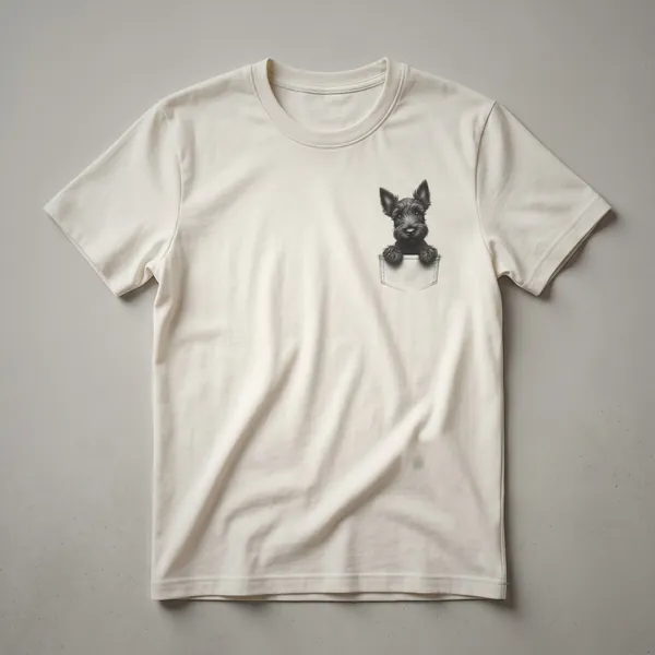 Black line drawing of a Scottish Terrier dog peeking out of a pocket on a t-shirt.