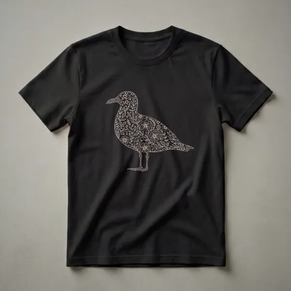 Black t-shirt with a light-colored line drawing of a seagull filled with floral and leaf patterns.