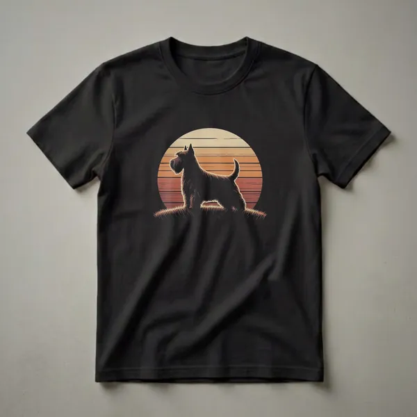 Black graphic t-shirt featuring a silhouette of a Scottish Terrier dog standing on grass against a retro sunset with horizontal stripes.