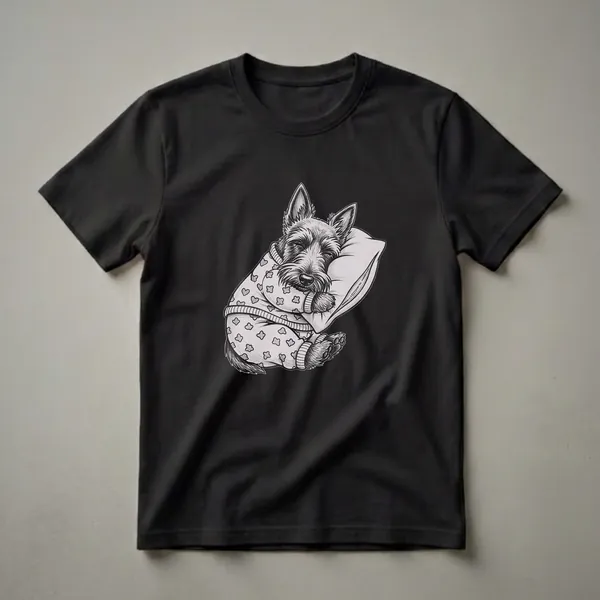 Black and white drawing of a Scottish Terrier dog wearing heart-patterned pajamas and sleeping on a pillow, on a black background.