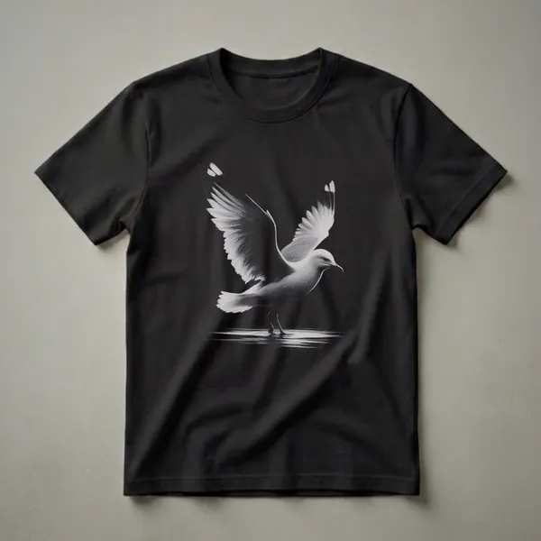 Black t-shirt with a detailed grayscale pencil drawing of a seagull in flight, wings spread, with its reflection visible on a dark surface below.