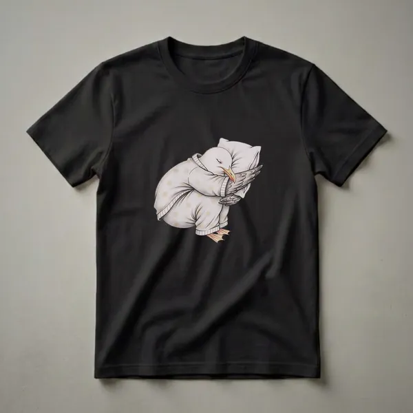 A white seagull wearing light-colored pajamas with a polka dot pattern and striped cuffs, sleeping soundly on a white pillow. The drawing has a hand-sketched quality.