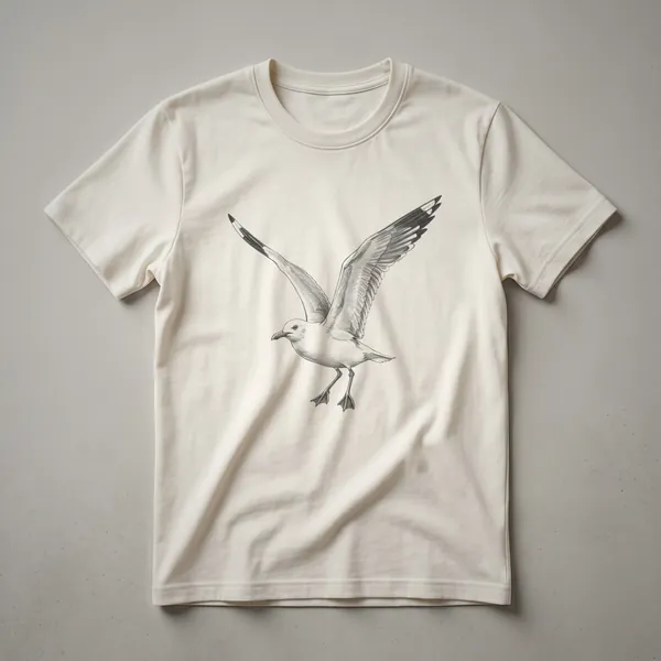 Black and white line drawing of a seagull in flight with wings spread wide, depicted on a dark t-shirt.