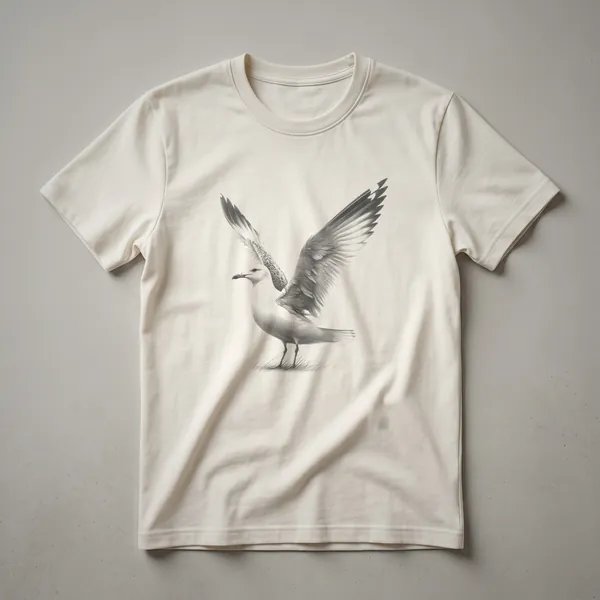 Black graphic t-shirt featuring a vintage line-art sketch of a seagull with wings spread wide in flight, set against a dark background.