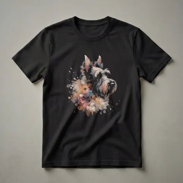 Black t-shirt featuring a colorful, artistic watercolor drawing of a Scottish Terrier's head surrounded by abstract flowers and paint splatters.