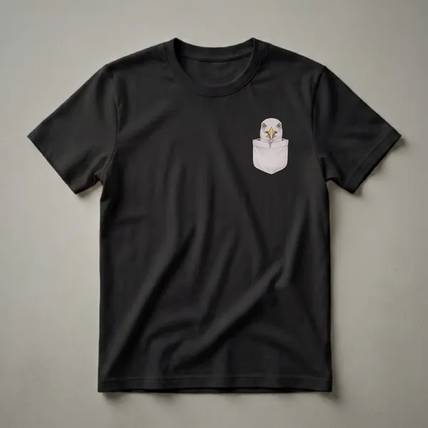 A white t-shirt featuring a detailed pencil-style drawing of a seagull's head emerging from a light grey shirt pocket.