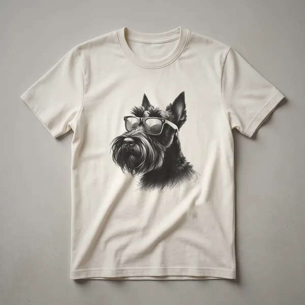 Black and white graphic t-shirt featuring a detailed line drawing of a Scottish Terrier wearing black sunglasses.