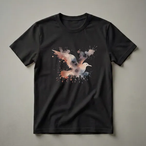 Black t-shirt featuring a watercolor art design of a seagull in flight with brown, grey, and blue paint splatters.