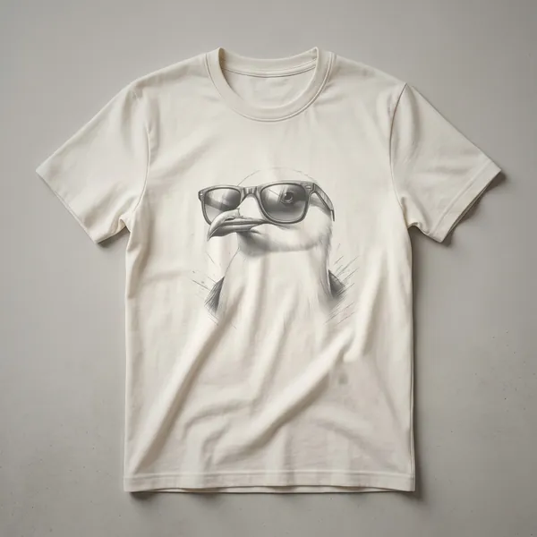 Black and white drawing of a seagull wearing Wayfarer-style sunglasses, depicted on a t-shirt.