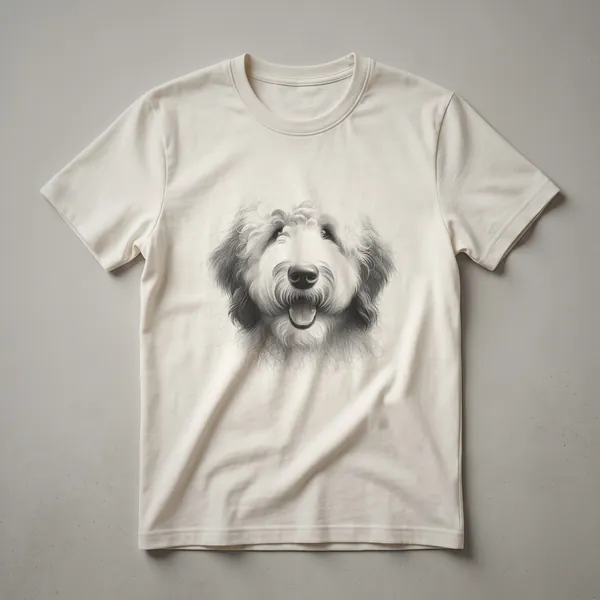 Black and white vintage line drawing of a Sheepadoodle's face, showcasing its fluffy fur and gentle expression, on a t-shirt.