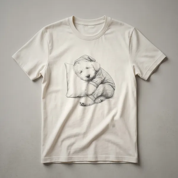 White line drawing on a black t-shirt mockup of a Sheepadoodle dog wearing pajamas and a nightcap, sleeping peacefully on a pillow.