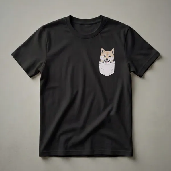 Black t-shirt featuring a drawing of a light brown Shiba Inu dog peeking out of a light grey pocket with its tongue sticking out.