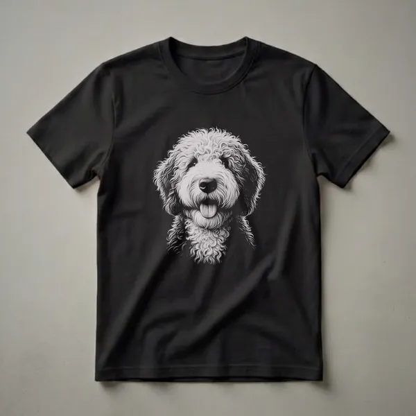 Black and white sketch art of a Sheepadoodle dog's face with its tongue sticking out, printed on a black t-shirt.