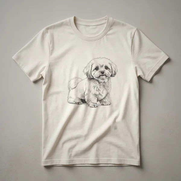 A black t-shirt featuring a vintage-style line drawing of a Shih Poo dog sitting, with detailed fur and expressive eyes.