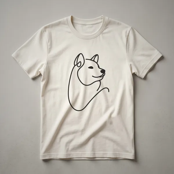 Black line art of a Shiba Inu's head and upper body on a black t-shirt, showcasing alert ears and a keen gaze.