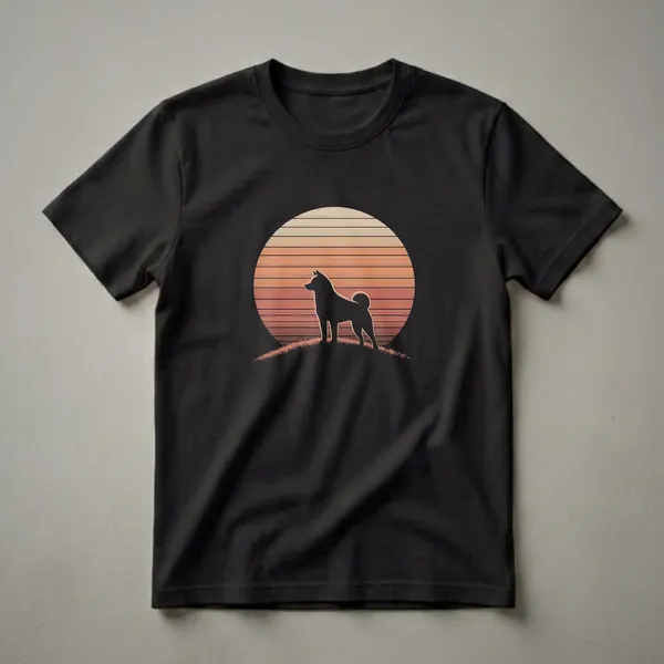 Black silhouette of a Shiba Inu dog standing on grass against a retro sunset with horizontal stripes in orange, peach, and cream.
