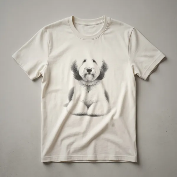Black and white sketch of a Sheepadoodle dog's face and upper body on a t-shirt.