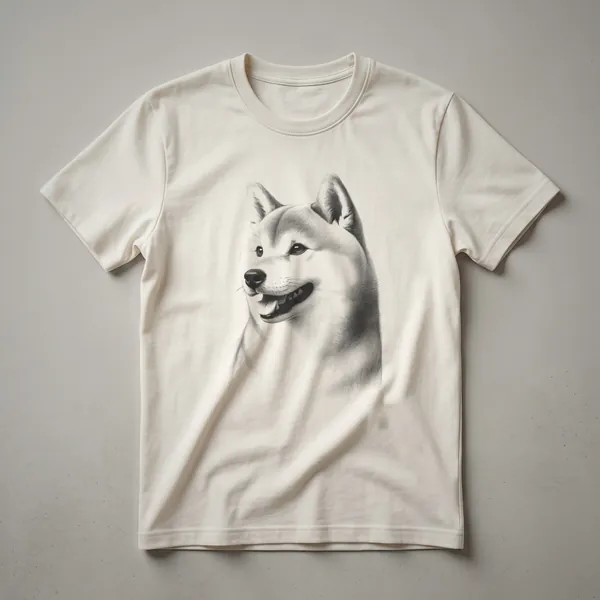 Black and white sketch of a Shiba Inu dog's head in profile, with alert ears and a subtle smile, presented on a t-shirt.