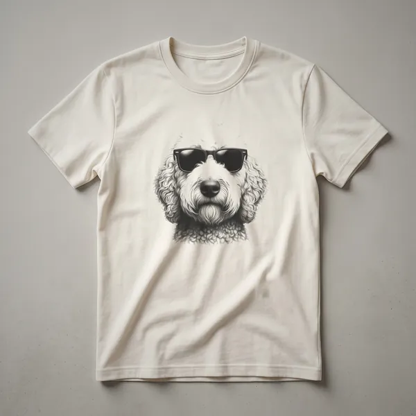 Black and white line art graphic t-shirt featuring the head of a Sheepadoodle dog wearing Wayfarer-style sunglasses, with detailed fur texture.