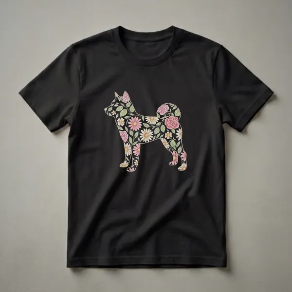 Black t-shirt featuring a Shiba Inu silhouette filled with a watercolor floral pattern of pink roses, daisies, and green leaves.