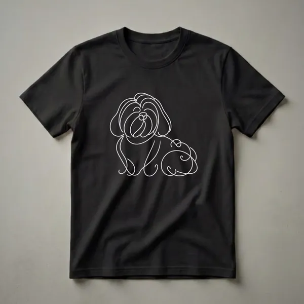 Black t-shirt with a light grey line art drawing of a Shih Poo dog, showing its fluffy head and body.