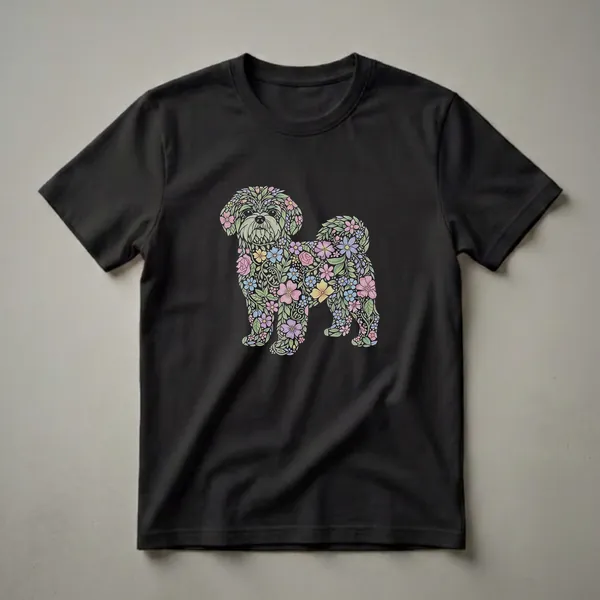 Black t-shirt featuring a Shih Poo dog silhouette filled with colorful flowers like pink roses, yellow daisies, and purple blossoms, with green leaves.
