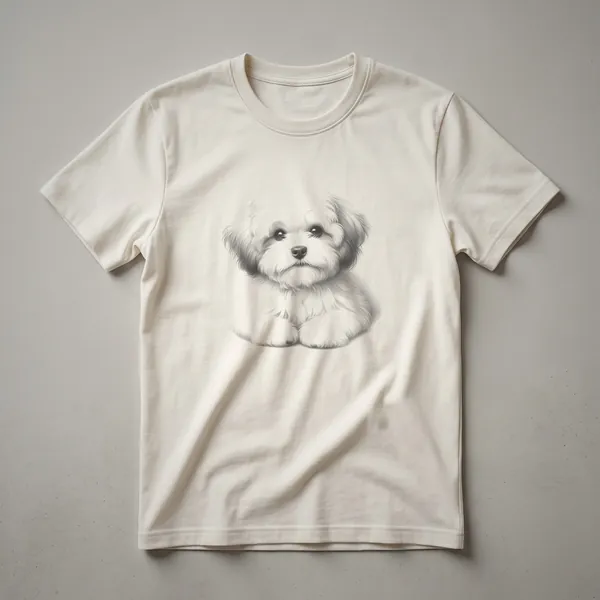 Black graphic t-shirt featuring a hand-drawn sketch of a Shih Poo dog's face in white outline style.