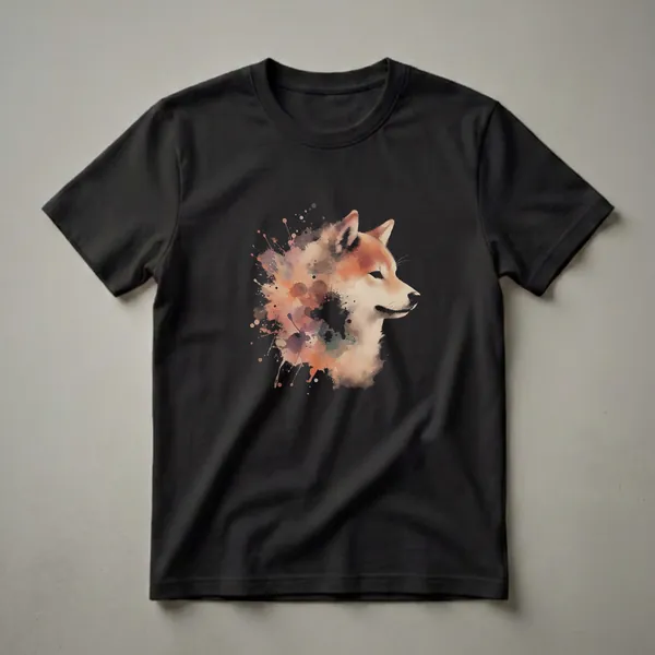 Black t-shirt featuring a watercolor splash art design of a Shiba Inu's head in profile, with colors of orange, brown, and black.