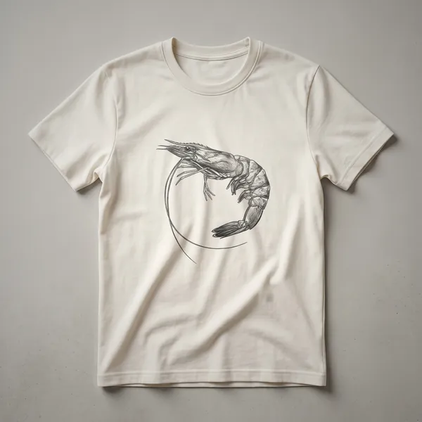 Black t-shirt featuring a detailed white line drawing of a shrimp in a circular pose, showcasing its segmented body, legs, and antennae.