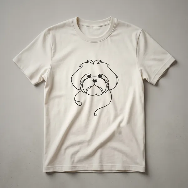 Black line art drawing of a Shih Poo dog's face on a black t-shirt, showcasing its fluffy ears and gentle expression.
