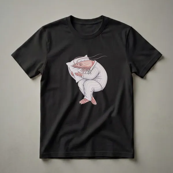 White graphic t-shirt featuring a whimsical drawing of a pink shrimp wearing white pinstriped pajamas and sleeping soundly on a white pillow, with its eyes closed.