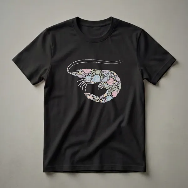 Black t-shirt featuring a stylized shrimp silhouette filled with a pastel floral and leaf pattern in pink, blue, green, and yellow.
