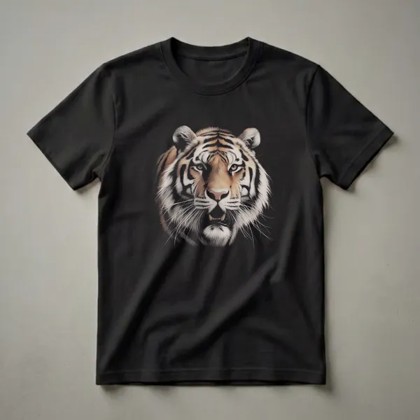 Black t-shirt featuring a realistic, detailed drawing of a Siberian tiger's face with its mouth slightly open, showcasing its intense eyes and striped fur.