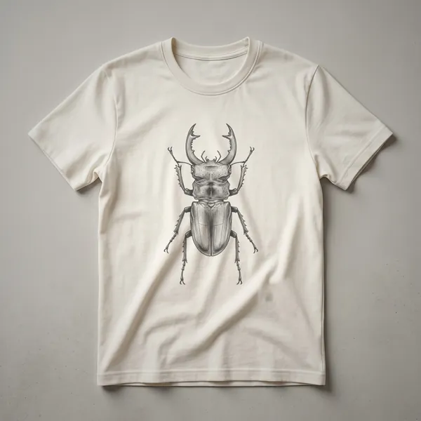A black and white line drawing of a stag beetle, showcasing its large mandibles and segmented body, printed on a t-shirt.