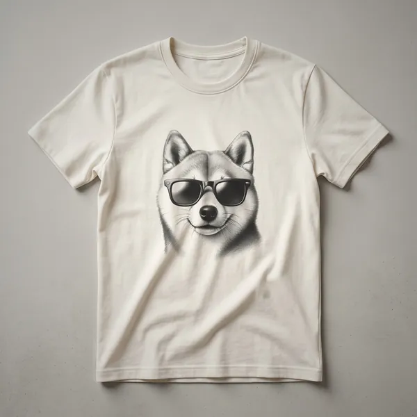 Black graphic t-shirt featuring a line drawing of a Shiba Inu dog's head wearing black Wayfarer-style sunglasses against a dark background.